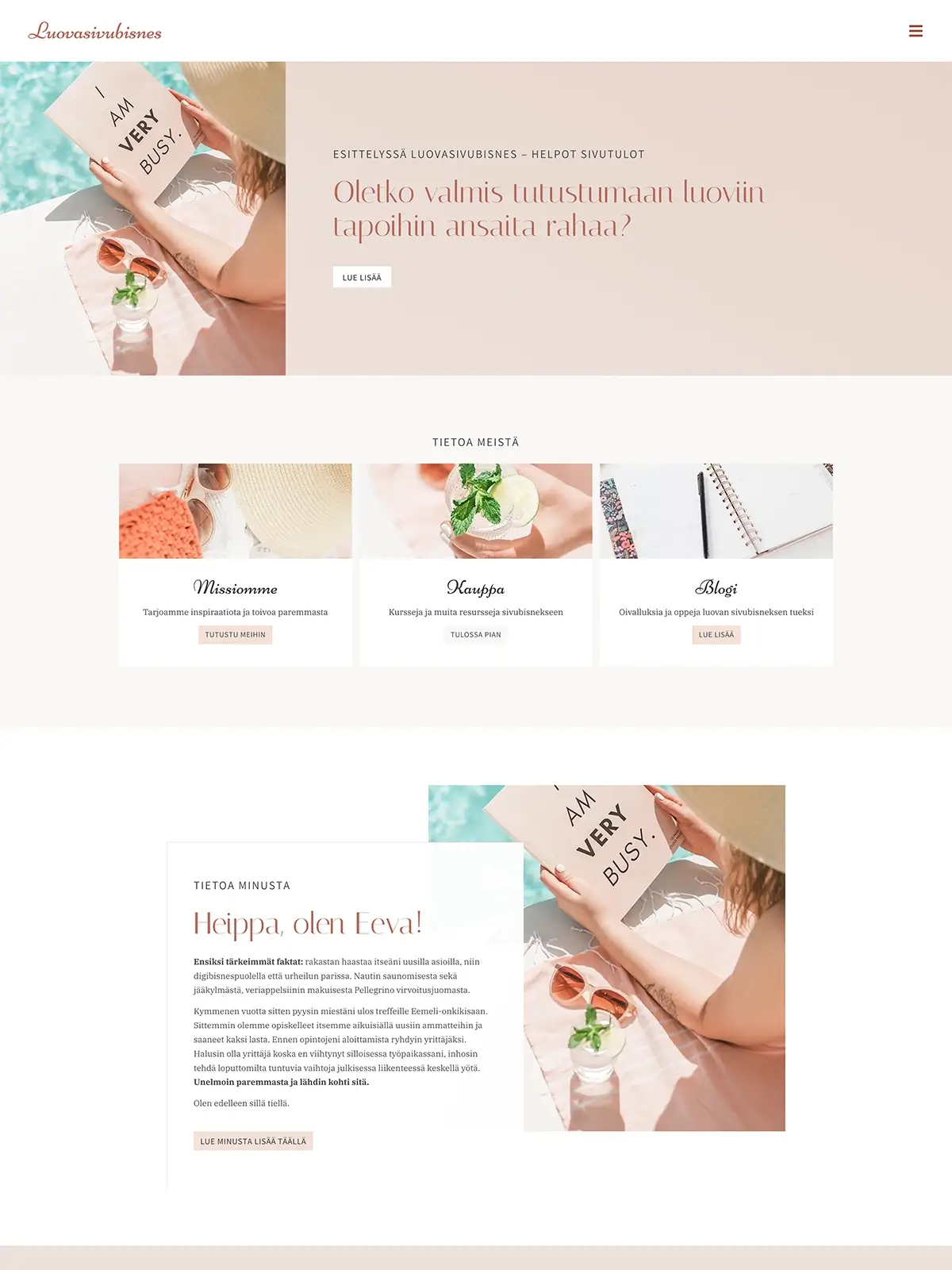 The homepage of the Luovasivubisnes website